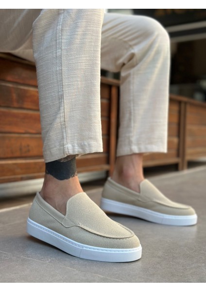BA0241 Bağcıksız Yüksek Taban Bej Süet Erkek Ayakkabı
