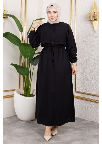 Kadın Gömlek Yaka Önü Yarı Düğmeli Aller Detaylı Beli Tünelli Bağlamalı Kolu Lastikli Tesettür Elbise Siyah