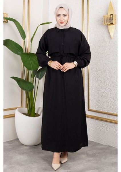 Kadın Gömlek Yaka Önü Yarı Düğmeli Aller Detaylı Beli Tünelli Bağlamalı Kolu Lastikli Tesettür Elbise Siyah fiyatları