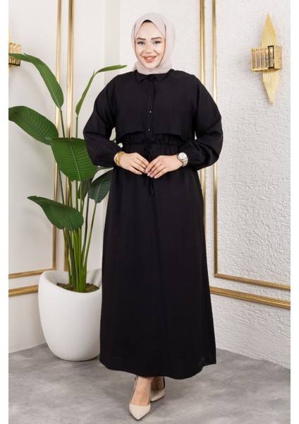 Kadın Gömlek Yaka Önü Yarı Düğmeli Aller Detaylı Beli Tünelli Bağlamalı Kolu Lastikli Tesettür Elbise Siyah fırsatları