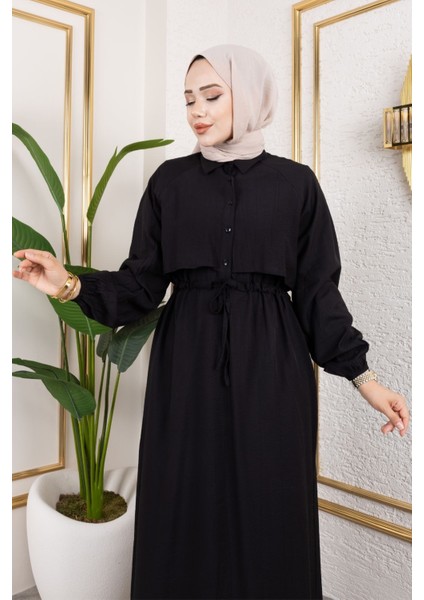 Kadın Gömlek Yaka Önü Yarı Düğmeli Aller Detaylı Beli Tünelli Bağlamalı Kolu Lastikli Tesettür Elbise Siyah indirimleri