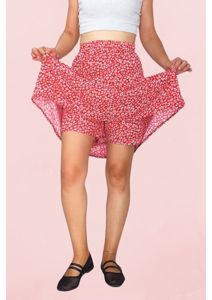 Viskon Kumaş Kırmızı Midi Boy Şort Etek modelleri