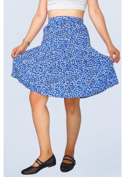 Viskon Kumaş Mavi Midi Boy Şort Etek