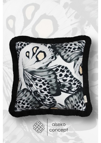 Siyah Püsküllü, Butterfly Desen Dekoratif 43X43CM Kare Kırlent Kılıfı