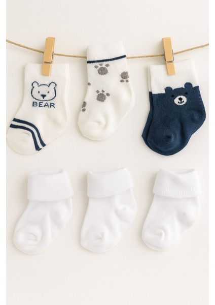 6'lı Erkek Bebek Çorap Seti – Ayıcık ve Pati Desenli | Lacivert & Beyaz | Pamuklu
