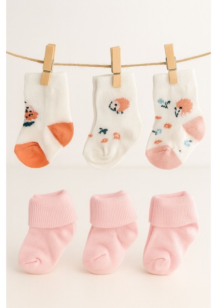 Bebitof 6'lı Kız Bebek Çorap Seti – Çiçek Desenli & Düz Pembe | Pamuklu, Rahat ve Sevimli