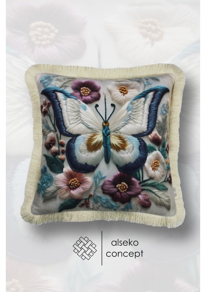 Krem Püsküllü, 3D Butterfly Desen Dekoratif 43X43CM Kare Kırlent Kılıfı