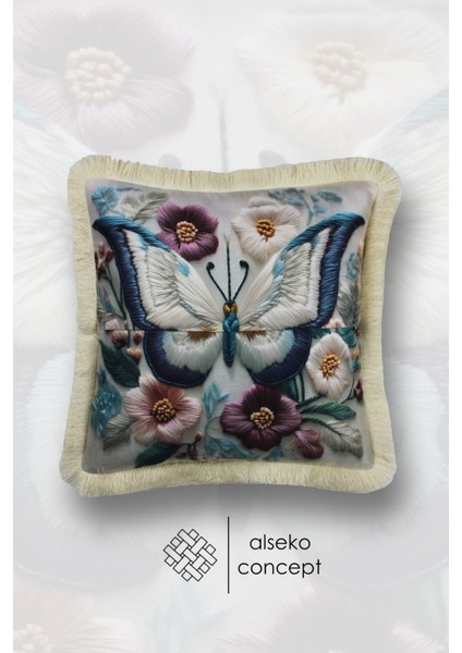 Krem Püsküllü, 3D Butterfly Desen Dekoratif 43X43CM Kare Kırlent Kılıfı fiyatları