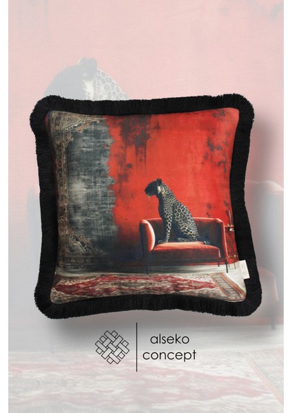 Siyah Püsküllü, Black Leopard 002 Desen Dekoratif 43X43CM Kare Kırlent Kılıfı