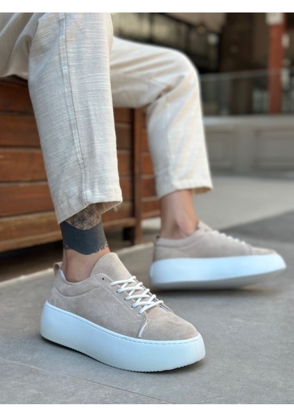 LE11 Bağcıklı Erkek Yüksek Taban İthal Süet Krem Spor Ayakkabı