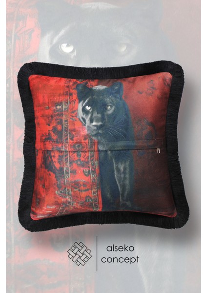 Siyah Püsküllü, Black Leopard Desen Dekoratif 43X43CM Kare Kırlent Kılıfı fiyatları