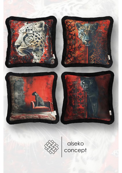 Siyah Püsküllü, Leopard Series Desen Dekoratif 43X43CM Kare Kırlent Kılıfı