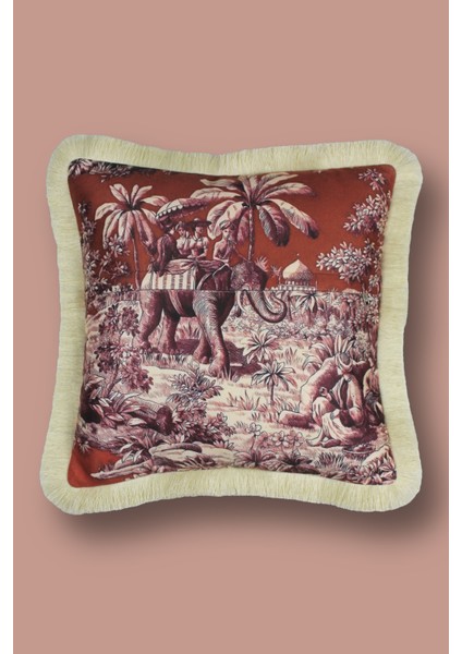 Bordo Püsküllü, Fil Desen Dekoratif 43X43CM Kare Kırlent Kılıfı fiyatları