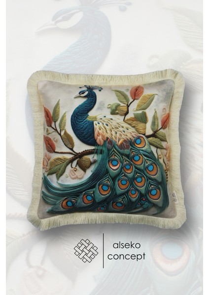 Krem Püsküllü, 3D Peafowl Desen Dekoratif 43X43CM Kare Kırlent Kılıfı