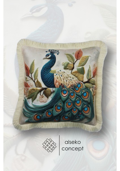 Krem Püsküllü, 3D Peafowl Desen Dekoratif 43X43CM Kare Kırlent Kılıfı fiyatları