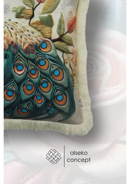 Krem Püsküllü, 3D Peafowl Desen Dekoratif 43X43CM Kare Kırlent Kılıfı modelleri