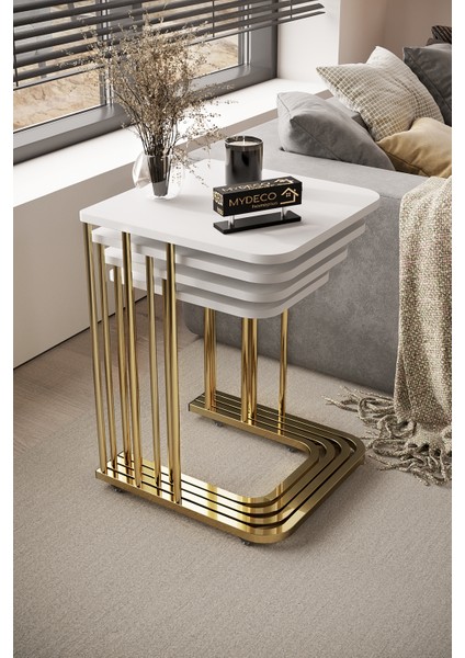 4'lü Zigon Sehpa Gold Ayak Parlak Beyaz 18 mm Mdf