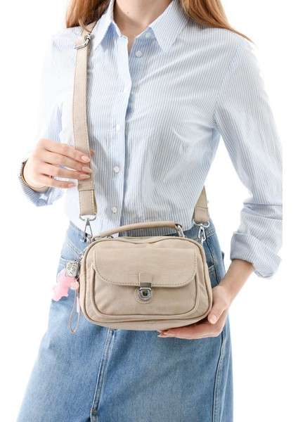 Iki Fonksiyonlu Metal Basmalı Suni Deri Omuz, El Çantası Vizon (Model: 571-13-17H) modelleri