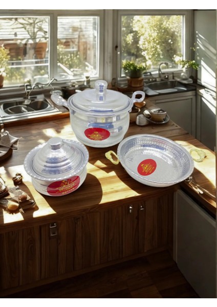 Şehzademutfak 3'lü Alüminyum El Işlemeli Mutfak Seti – Tava, Şekerdanlık, Güveç Tenceresi