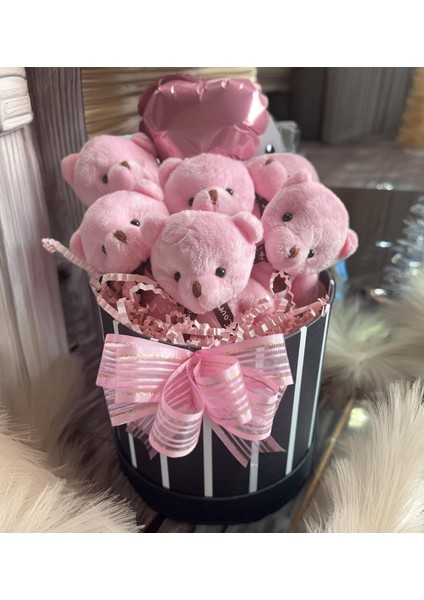 Premium Silindir Hediye Kutusunda, Kalpli Balonlu 6’lı Pembe Ayıcık Buketi