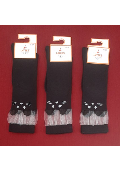Kız Çocuk Dizaltı Kedi Desenli Okul Çorabı 3'lü Paket