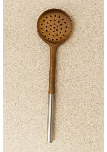 3 Parça Çelik Saplı Servis Takımı - Akasya Servis Kaşık Spatula Kepçe Seti Servis Seti