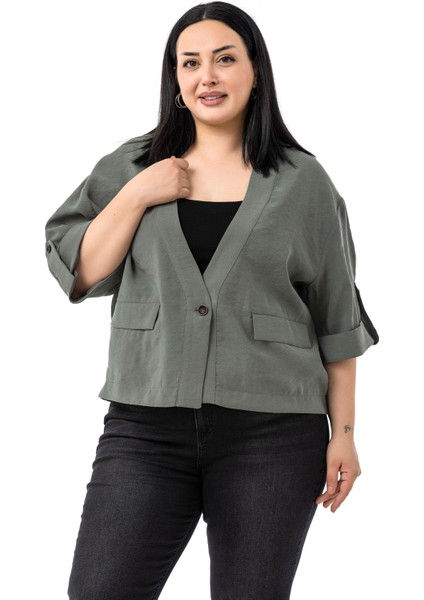Büyük Beden Tek Düğmeli Düşük Yarım Kollu Apoletli Cepli Kısa Haki Ceket fiyatları
