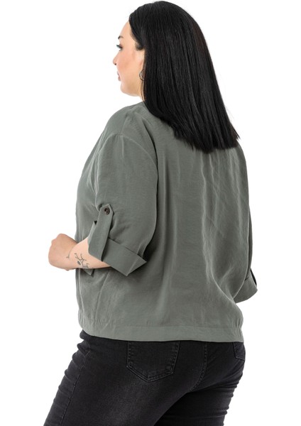 Büyük Beden Tek Düğmeli Düşük Yarım Kollu Apoletli Cepli Kısa Haki Ceket modelleri