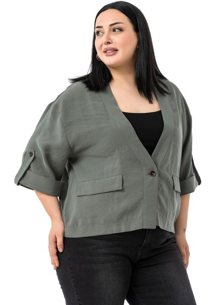 Büyük Beden Tek Düğmeli Düşük Yarım Kollu Apoletli Cepli Kısa Haki Ceket fırsatları