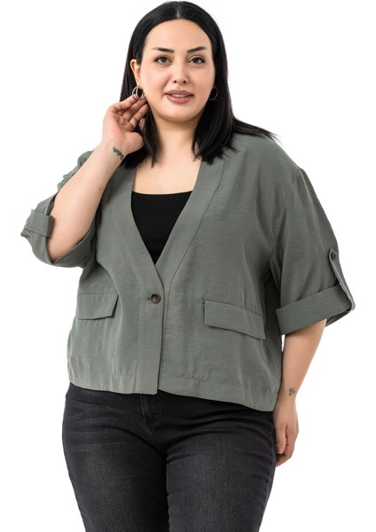 Büyük Beden Tek Düğmeli Düşük Yarım Kollu Apoletli Cepli Kısa Haki Ceket indirimleri
