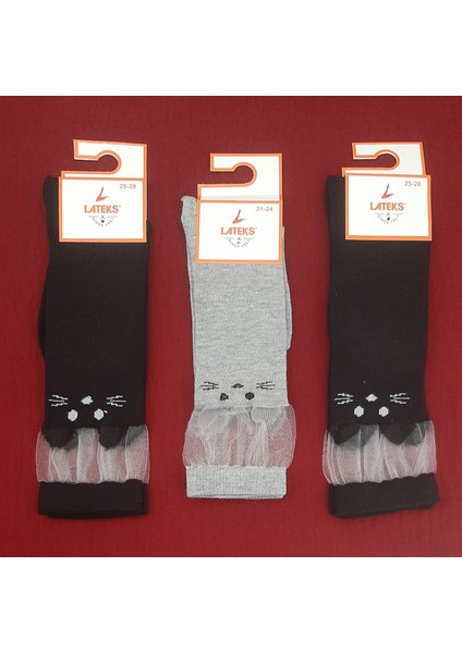 Kız Çocuk Dizaltı Kedi Desenli Okul Çorabı 3'lü Paket