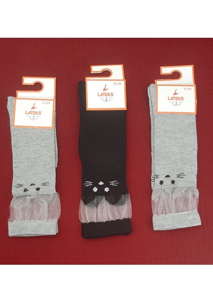 Kız Çocuk Dizaltı Kedi Desenli Okul Çorabı 3'lü Paket