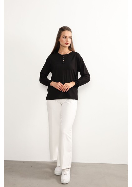 Kadın Likralı Orta Yaş ve Üzeri Dört Mevsim Anne Penye Bluz Düğme Desenli Lastikli Kol Siyah - 2xl fiyatları