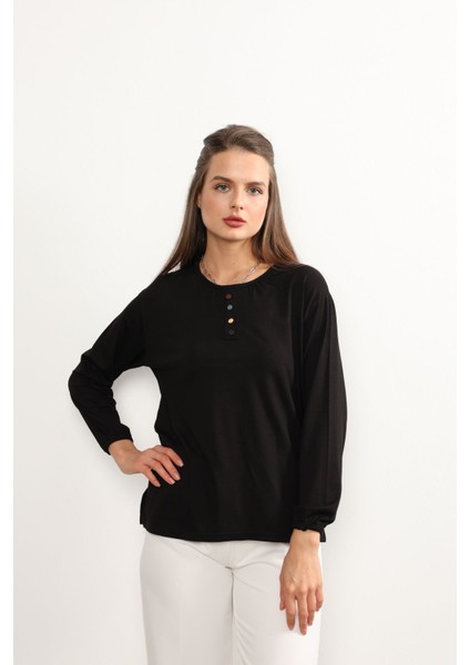 Kadın Likralı Orta Yaş ve Üzeri Dört Mevsim Anne Penye Bluz Düğme Desenli Lastikli Kol Siyah - 2xl modelleri