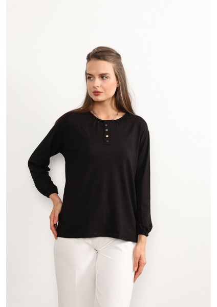 Kadın Likralı Orta Yaş ve Üzeri Dört Mevsim Anne Penye Bluz Düğme Desenli Lastikli Kol Siyah - 2xl fırsatları