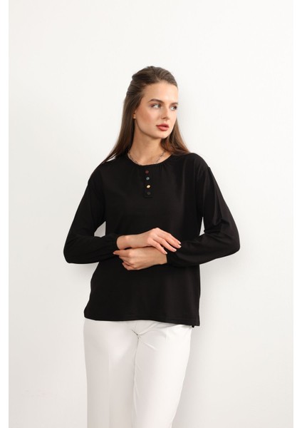 Kadın Likralı Orta Yaş ve Üzeri Dört Mevsim Anne Penye Bluz Düğme Desenli Lastikli Kol Siyah - 2xl