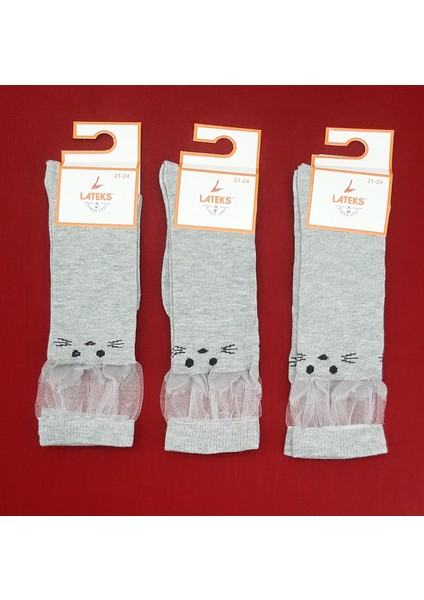 Kız Çocuk Dizaltı Kedi Desenli Okul Çorabı 3'lü Paket