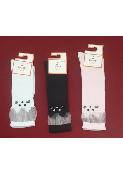 Kız Çocuk Dizaltı Kedi Desenli Okul Çorabı 3'lü Paket