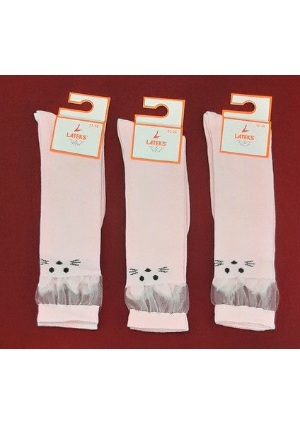 Kız Çocuk Dizaltı Kedi Desenli Okul Çorabı 3'lü Paket