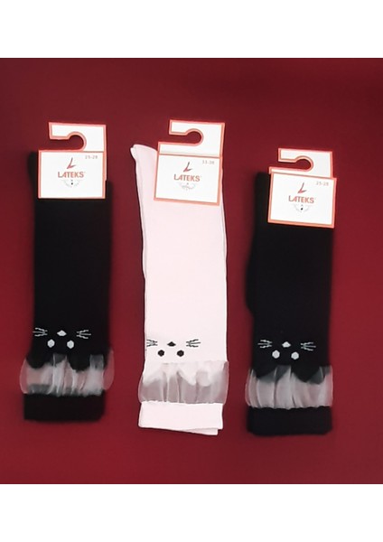Kız Çocuk Dizaltı Kedi Desenli Okul Çorabı 3'lü Paket