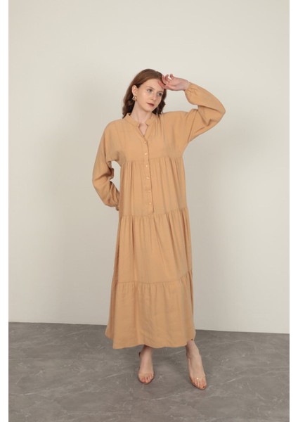 Modal Kumaş Kolu Lastikli Bej Elbise