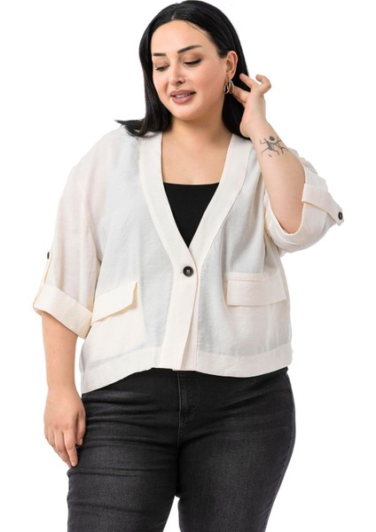 Büyük Beden Tek Düğmeli Düşük Yarım Kollu Apoletli Cepli Kısa Bej Rengi Ceket fiyatları