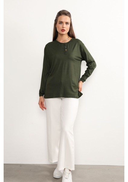 Kadın Likralı Orta Yaş ve Üzeri Dört Mevsim Anne Penye Bluz Düğme Desenli Lastikli Kol Haki - Xl