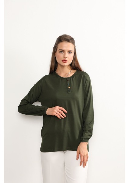 Kadın Likralı Orta Yaş ve Üzeri Dört Mevsim Anne Penye Bluz Düğme Desenli Lastikli Kol Haki - Xl modelleri