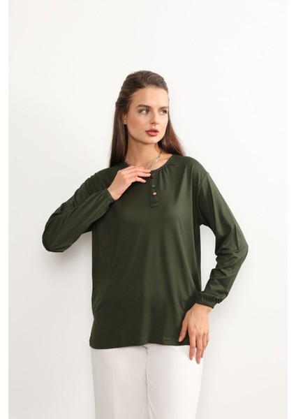 Kadın Likralı Orta Yaş ve Üzeri Dört Mevsim Anne Penye Bluz Düğme Desenli Lastikli Kol Haki - Xl fırsatları