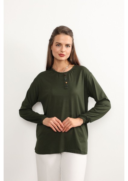 Kadın Likralı Orta Yaş ve Üzeri Dört Mevsim Anne Penye Bluz Düğme Desenli Lastikli Kol Haki - Xl indirimleri