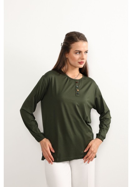 Kadın Likralı Orta Yaş ve Üzeri Dört Mevsim Anne Penye Bluz Düğme Desenli Lastikli Kol Haki - Xl