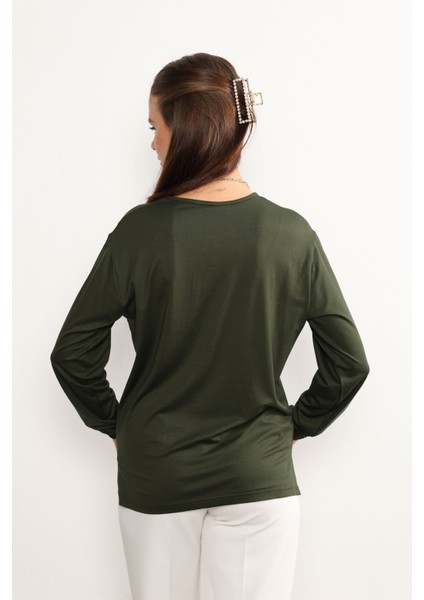 Kadın Likralı Orta Yaş ve Üzeri Dört Mevsim Anne Penye Bluz Düğme Desenli Lastikli Kol Haki - Xl