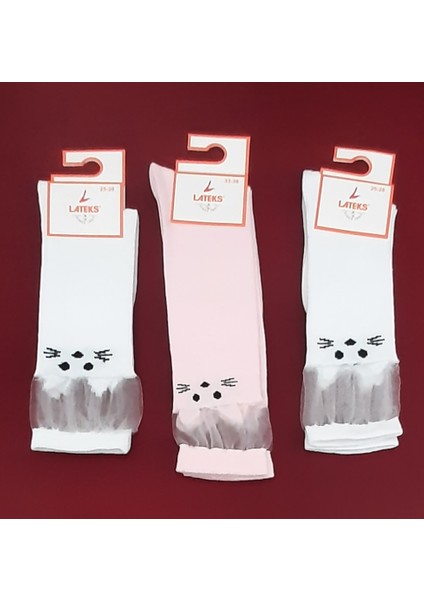 Kız Çocuk Dizaltı Kedi Desenli Okul Çorabı 3'lü Paket