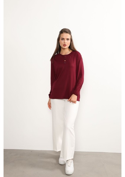 Kadın Likralı Orta Yaş ve Üzeri Dört Mevsim Anne Penye Bluz Düğme Desenli Lastikli Kol Bordo - 2xl
